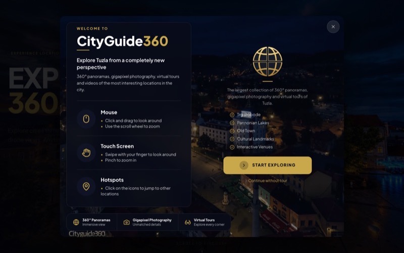 CityGuide360 homepage, a 360-degree virtual tour platform for Tuzla
