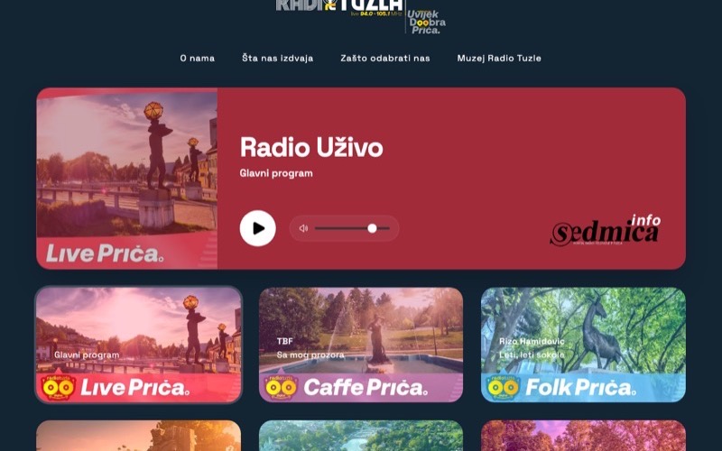 Radio Tuzla homepage with a live player and show grid